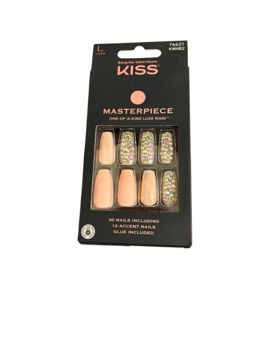 KISS Masterpiece Pink Press-On Nails with Iridescent Rhinestones (Qty 1 Pack)